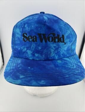 Vintage Nylon Sea World Embroidered Snapback Hat Marbled Blue